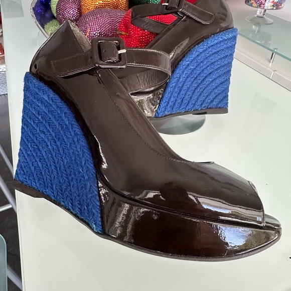 RARE 💙🤎 Castaner Brown Patent Blue espadrille Wedge Shoe 37/7 - Picture 5 of 8